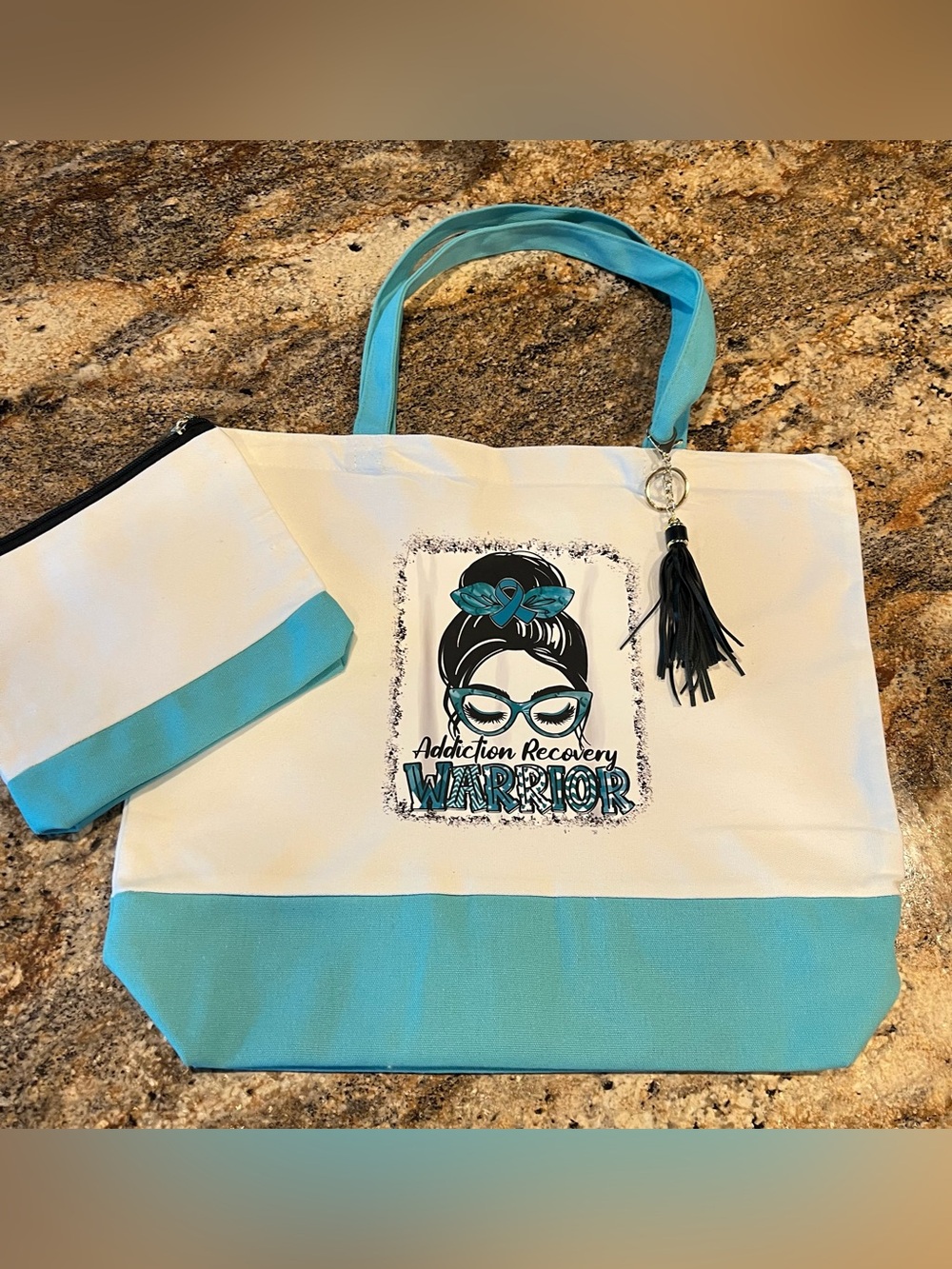 Addiction Recovery Warrior Tote Bag - Teal and White